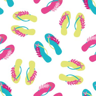 Plajda kusursuz vektör desenli arka planda parmak arası terlik. Şık sandaletler ve çiçek arkaplanı. Tropik renkler. Her yerde sıcak yaz var. Deniz kıyısındaki düğün ve balayı konsepti için
