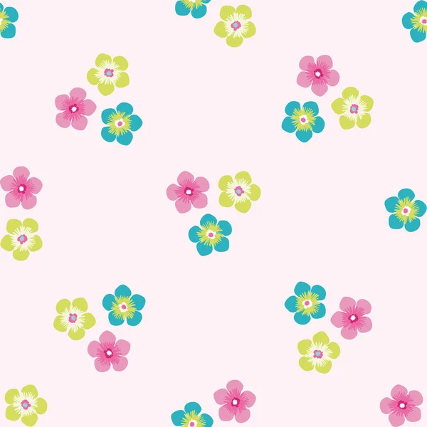 Trio of small flowers seamless vector pattern background. Groups of multicolor blooms tropical backdrop. Modern drawn floral illustration. All over print for summer vacation and wedding resort concept — Stockvector