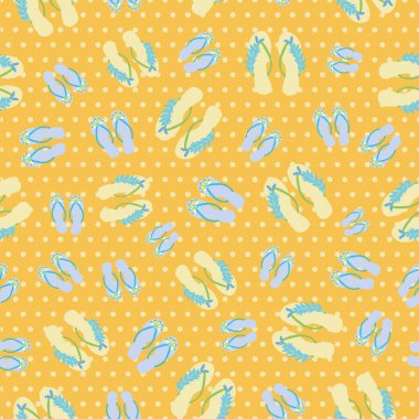 Plajda kusursuz vektör desenli arka planda parmak arası terlik. Tropikal çiçek desenli güzel mavi sandaletler ve benekli okyanus manzaralı. Tropikal tatil beldesi konsepti için sıcak yaz her yerde.