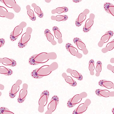 Parmak arası terlik, kusursuz vektör desenli arka plan. Tropikal çiçek süslemeli güzel sandaletler plaj düğün arkaplanı. Pembe renkler. Tatil ve balayı tatil beldesi kavramının her yerinde.