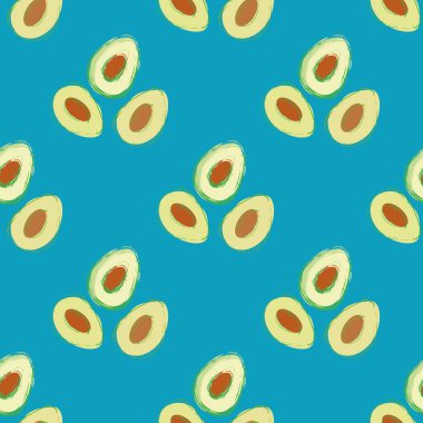 Avokado kusursuz vektör şablonu. El çizimi boyanmış meyve çizimi gökyüzü mavisi yeşil arkaplan. Üst düzey modern minimalist. Sıcak yaz vejetaryen barbekü konsepti.