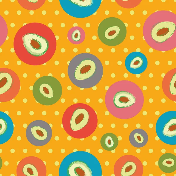 Avocado seamless vector pattern background. Backdrop of multicolor hand drawn circles of fruit with orange polka dot. Modern color clash all over print. Hot summer vegetarian barbecue concept. — Stock Vector