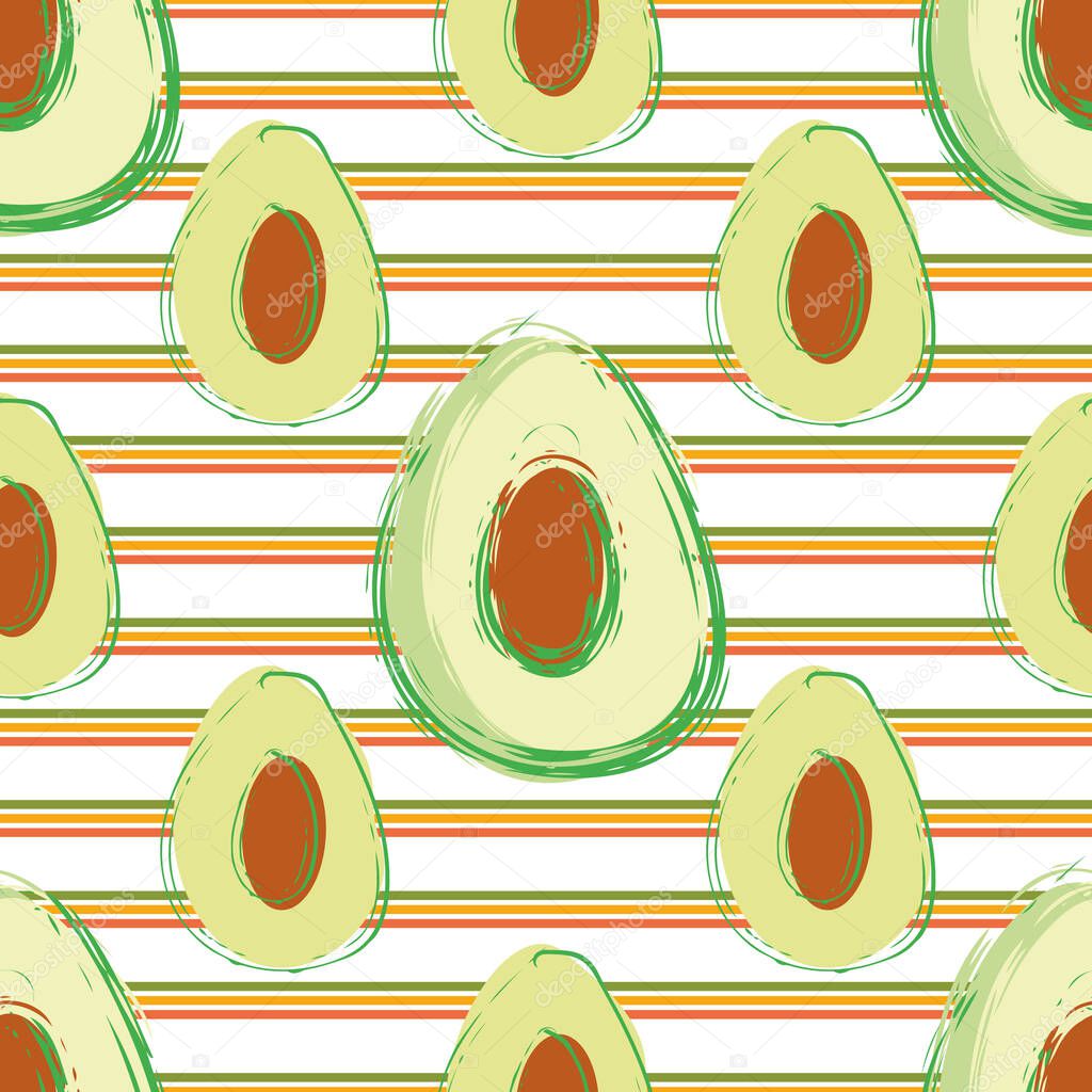 Avocado seamless vector pattern background. Hand drawn fruit with horizontal pink orange green stripes backdrop. Modern linear geometric all over print. Hot summer vegetarian barbecue concept.