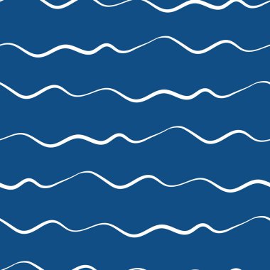 Dalgalı çizgiler, kusursuz vektör şablonu. İnce el çizimi düzensiz karalama stili yatay deniz dalgası arkaplanı. Her yerde soyut deniz geometrik çizgileri var. Denizcilik, su, okyanus konsepti için.