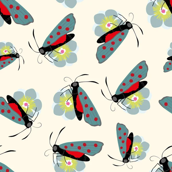 Six spot burnet butterfly seamless vector pattern background. Day flying moth on flower illustration. Scottish coastal insect backdrop. All over print for Scotland summer vacation,wildlife concept — Stock Vector