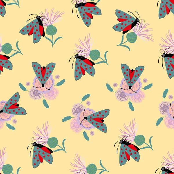 Six spot Burnet papillon sans couture motif vectoriel arrière-plan. Jour papillon de nuit volant sur fond de potamot en or rose. Insecte côtière écossaise. Imprimé partout en Écosse vacances d'été, concept de la faune — Image vectorielle