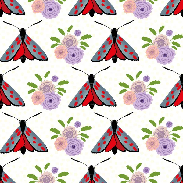 Six spot burnet butterfly nahtlose Vektormuster Hintergrund. Illustration der tagfliegenden Motte mit Bouquet von Krätze. Schottische Insektenlandschaft. All over print für Schottland Wildlife-Konzept — Stockvektor