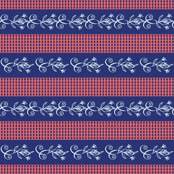 Elegant celtic seamless vector pattern background. Stylized leaf swirls red blue backdrop. Hand drawn geometric horizontal stripe repeat. All over print for irish, scottish gaelic celebration concept — Stock Vector