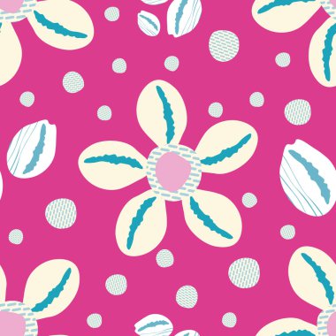 Cowrie kabukları kusursuz vektör desenli arka plan. Modern el yapımı midyeler okyanus yaşamı temasını tekrarlıyor. Yaz tatili tatil beldesi konsepti için her tarafı pembe deniz resimleriyle kaplı..