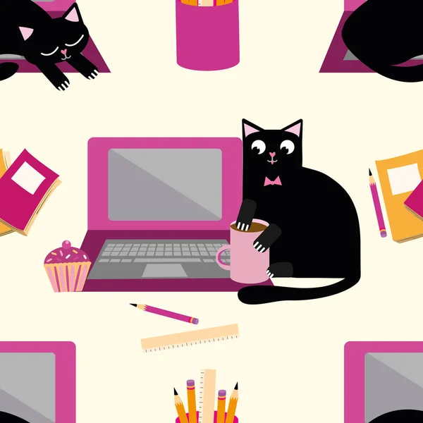 Bonito desenho animado gato e laptop vetor sem costura fundo padrão. felino preto interrompendo o fluxo de trabalho do escritório de negócios. Mão desenhado divertido rosa fundo amarelo. Toda a impressão para trabalhar a partir do conceito de casa . — Vetor de Stock