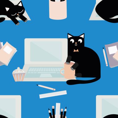 Şirin bir dizüstü bilgisayar ve çizgi film kedisinin kusursuz desenli arka planı. Siyah kedi ofis işlerini akışına engel oluyor. El çizimi eğlenceli mavi fon. Ev konseptinden çalışmak için her şey basıldı.