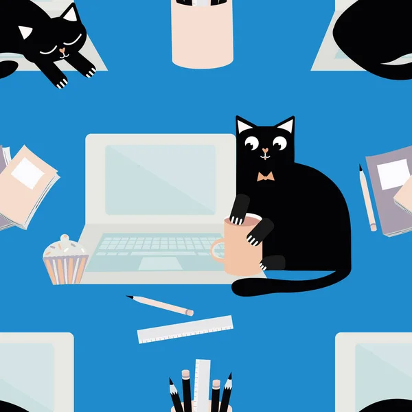 Vector bonito laptop e desenho animado gato sem costura fundo padrão. felino preto interrompendo o fluxo de trabalho do escritório de negócios. Mão desenhado divertido pano de fundo azul. Toda a impressão para trabalhar a partir do conceito de casa . — Vetor de Stock