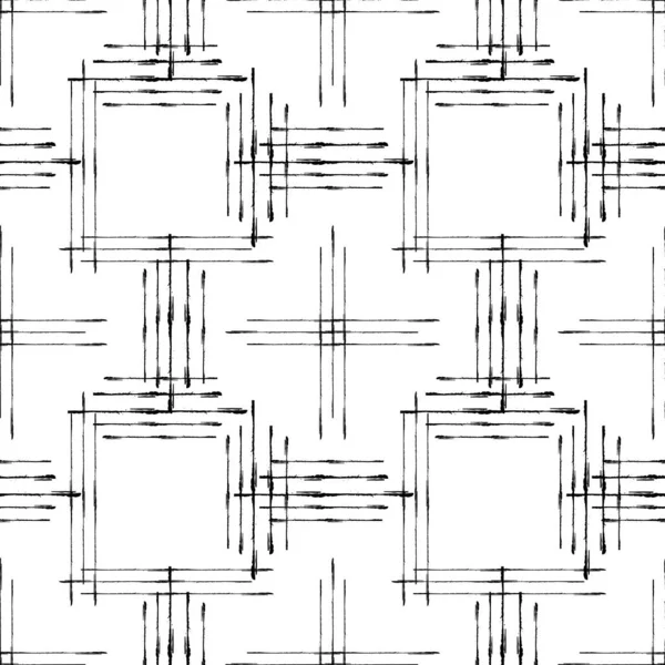 Zwarte inkt grunge lijn vector naadloze patroon achtergrond. Handgetekende penseelstreek stijl lineair geometrisch raster achtergrond. Abstract weven ruitjes effect over de hele print voor minimalistische concept verpakking. — Stockvector