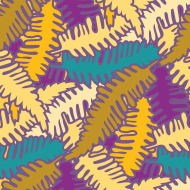 Eğreltiotu, vektör arkaplanını kusursuz bırakır. Zarif orman bitkisi arka planı. Elle çizilmiş mor botanik yaprak tasarımı. Kumaş, ambalaj, güzellik ürünleri için tüm baskı yoğunluğu