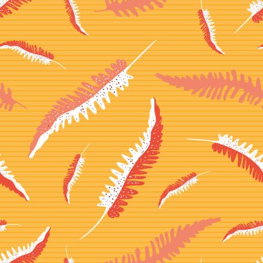 Eğreltiotu, vektör arkaplanını kusursuz bırakır. Orman bitkisi arkaplanı. El çizimi beyaz ve turuncu botanik yaprak tasarımı. Yaz ambalajı, güzellik, sağlık konsepti için her şey hazır..