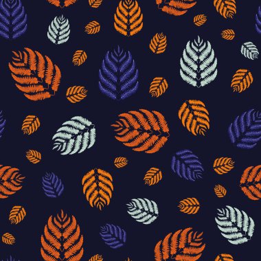 Eğreltiotu, vektör arkaplanını kusursuz bırakır. Orman bitkisi çok renkli arka plan. El çizimi botanik yaprak çizimi. Kış, sonbahar, sonbahar konsepti, tekstil, kumaş