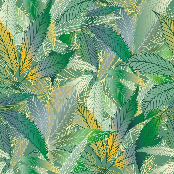 Cannabis meninggalkan latar belakang pola vektor yang mulus. Tangan ditarik teal dan emas rami latar belakang dedaunan. Elegan tumpang tindih desain ganja. Semua atas cetak untuk kesehatan, konsep kesehatan, kemasan, cetak - Stok Vektor