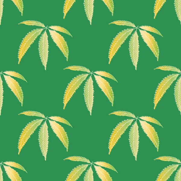 Cannabis hagy zökkenőmentes vektor minta háttér. Kézzel rajzolt zöld és arany kender lombozat háttér. Stílusos geometrikus marihuána design. Mindenhol nyomtatott wellness, egészségügyi koncepció, csomagolás, nyomtatás — Stock Vector