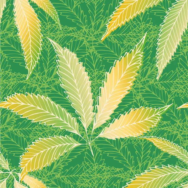 大麻はシームレスなベクトルパターンの背景を残す。手描きの緑と金の麻の葉の背景。エレガントな重複マリファナのデザイン。健康のためのすべての印刷、健康の概念、包装、印刷 — ストックベクタ