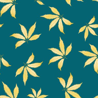 Esrar geriye kusursuz bir vektör kalıbı bırakır. El yapımı deniz mavisi ve altın renkli kenevir yaprağı. Şık bir botanik marihuana tasarımı. Sağlık, sağlık konsepti, ambalaj, baskı için her yerde.