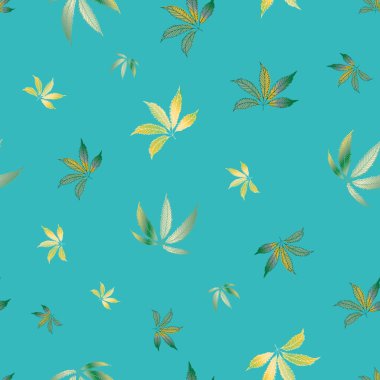 Esrar geriye kusursuz bir vektör kalıbı bırakır. El yapımı altın ve gökyüzü mavisi kenevir yaprağı arka planı. Şık bir botanik marihuana tasarımı. Sağlık, sağlık konsepti, ambalaj, baskı için her yerde.