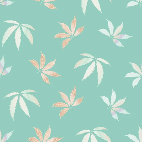 Cannabis leaves seamless vector pattern background. Hand drawn pastel teal and pink hemp foliage backdrop. Stylish botanical marijuana design. All over print for wellness, health, self care concept — Stock Vector