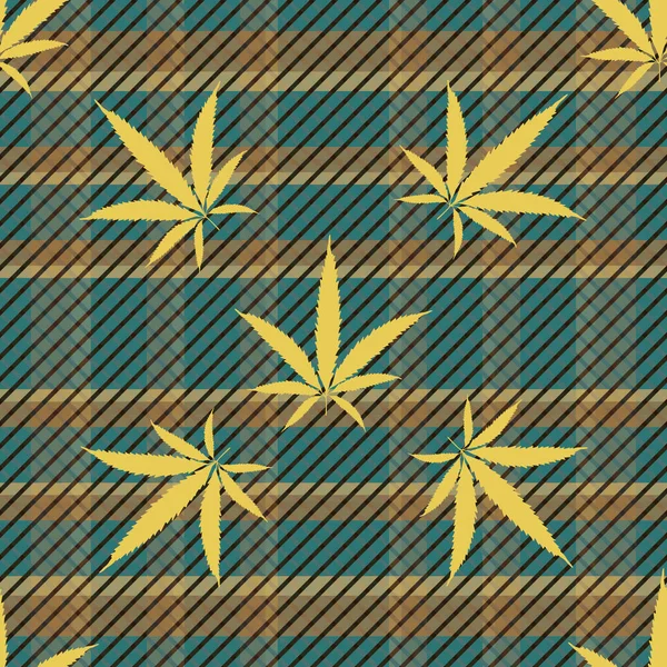 大麻はシームレスなベクトルパターンの背景を残す。タータンの緑の金麻の葉が背景に再生されました。スタイリッシュな植物マリファナのデザイン。健康、健康、セルフケアのコンセプトのためのすべての印刷 — ストックベクタ