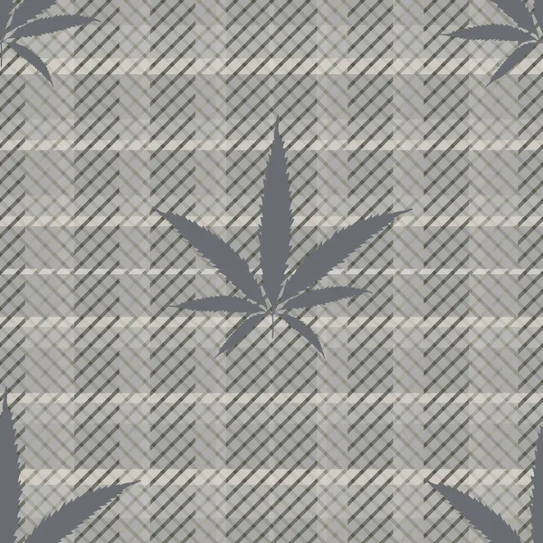 Cannabis deixa fundo padrão vetor sem costura. Folhagem de cânhamo cinza monocromático no fundo xadrez tartan. Design de maconha botânica elegante. Por toda parte imprimir para bem-estar, saúde, auto-cuidado conceito —  Vetores de Stock