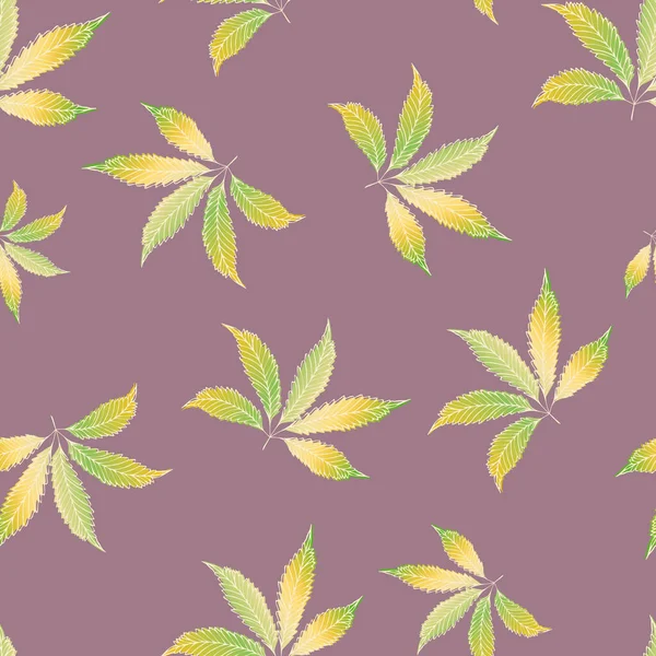 El cannabis deja un fondo de patrón vectorial sin costuras. Oro dibujado a mano, verde, púrpura follaje de cáñamo telón de fondo. Diseño de marihuana botánica con estilo. Todo impreso para el bienestar, concepto de salud, embalaje . — Vector de stock
