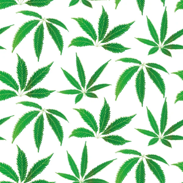 Cannabis deixa fundo padrão vetor sem costura. Folhagem de cânhamo fundo verde branco. Pintura linha arte botânica maconha design. Por toda parte imprimir para bem-estar, conceito de saúde, embalagem, impressão — Vetor de Stock