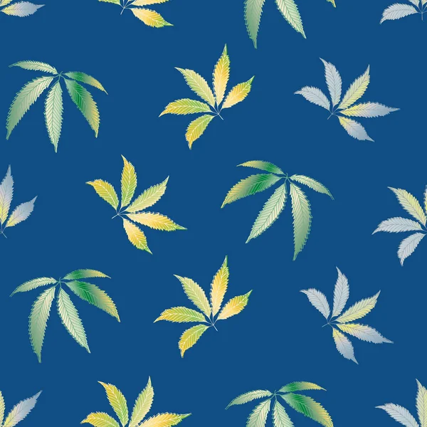 大麻はシームレスなベクトルパターンの背景を残す。手描きの青と金の麻の葉の背景。スタイリッシュな植物マリファナのデザイン。健康のためのすべての印刷、健康の概念、包装、印刷 — ストックベクタ