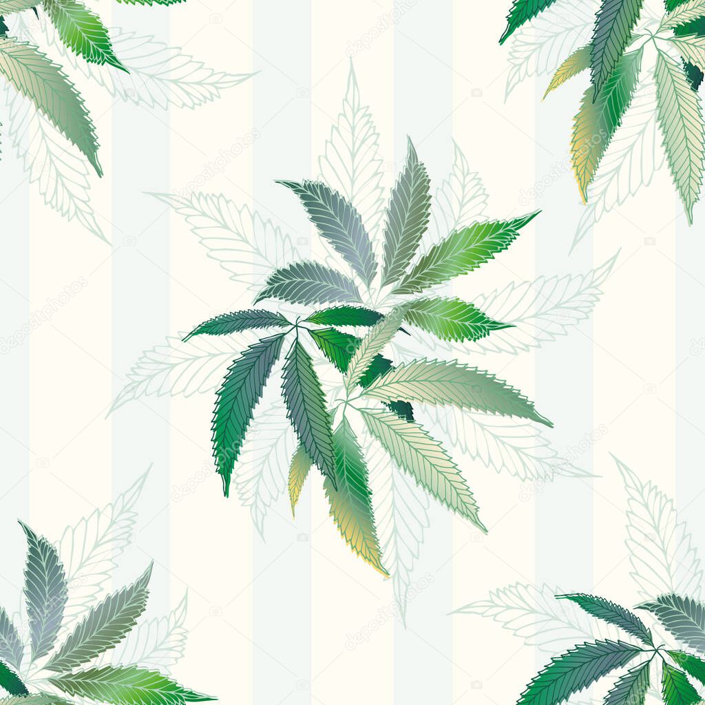 Cannabis leaves seamless vector pattern background. Hemp foliage on striped backdrop. Vintage line art botanical marijuana design. Elegant all over print for wellness, health, self care, home concept