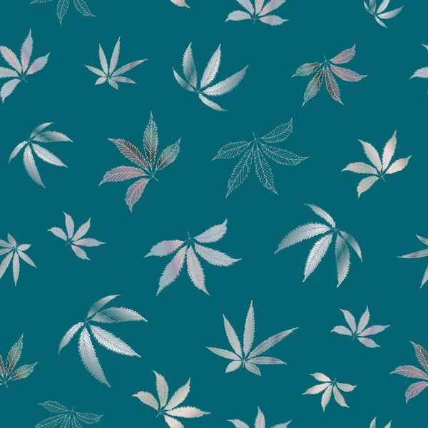Cannabis leaves seamless vector pattern background. Hand drawn purple teal hemp foliage backdrop. Monochrome botanical marijuana design. All over print for wellness, health concept,packaging, print — Stock Vector