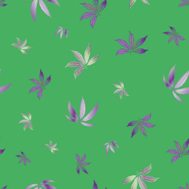 Esrar geriye kusursuz bir vektör kalıbı bırakır. El çizimi yeşil ve mor kenevir yeşili arka plan. Zarif botanik marihuana tasarımı. Sağlık, sağlık konsepti, ambalaj, baskı için her yerde.