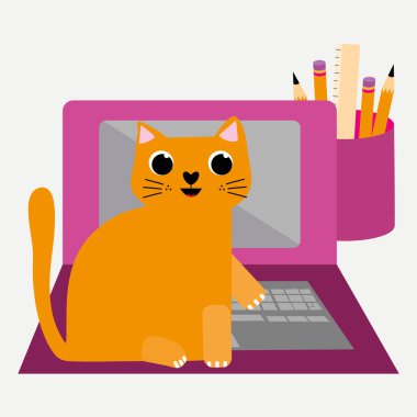 Şirin çizgi film kedisi ve dizüstü bilgisayar vektör çizimi. Klavyede zencefilli kedi karakteri çalıyor ve ofis işleri akışını kesiyor. Ev konseptinden çalışmak için elle çizilmiş eğlenceli tasarım.