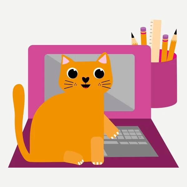 Mignon dessin animé chat et ordinateur portable vecteur illustration. Cheeky gingembre caractère félin joue sur le clavier et interrompt le flux de travail de bureau d'affaires. Design amusant dessiné à la main pour travailler à partir du concept de la maison . — Image vectorielle