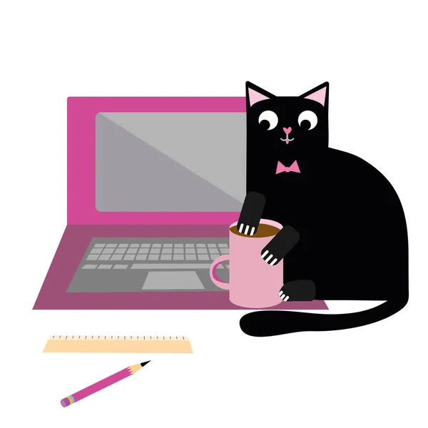 Leuke cartoon huisdier kat en laptop vector illustratie. Brutale zwarte katachtige karakter speelt met koffiebeker en verstoort business office workflow. Handgetekend leuk ontwerp voor het werken vanuit huis concept. — Stockvector