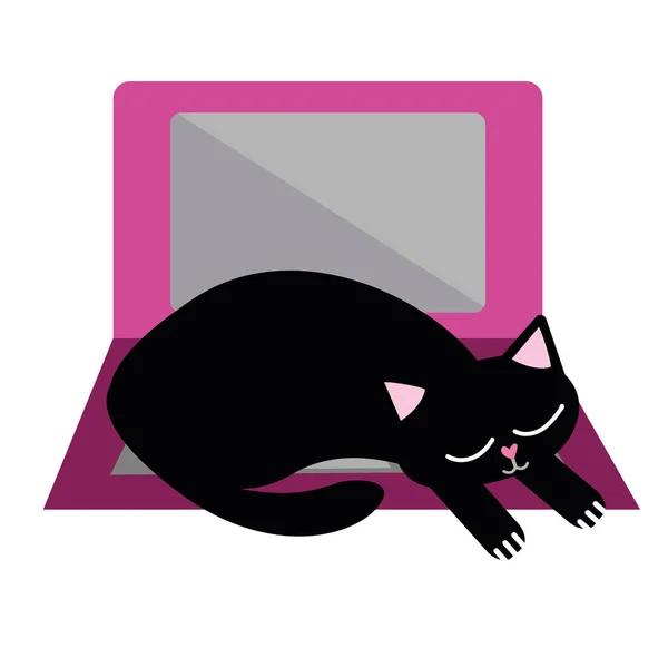 Cute kartun kucing hewan peliharaan dan vektor laptop ilustrasi. Sleepy black kitty snoozes on keyboard and disrupts business office work flow. Motif menarik tangan terisolasi menyenangkan untuk bekerja dari konsep rumah. - Stok Vektor