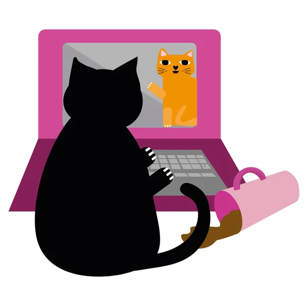 Bonito desenho animado animal de estimação gato e laptop vetor ilustração. Gatinho preto atrevido se comunica com gengibre amigo peludo e interrompe o fluxo de trabalho de escritório de negócios. Motivo divertido isolado para trabalhar a partir do conceito de casa . — Vetor de Stock