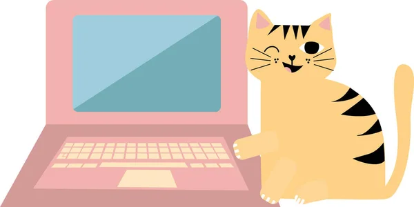 Bonito desenho animado animal de estimação gato e laptop vetor ilustração. Gatinho de gengibre piscando atrevido está prestes a tocar no botão teclado. Cena de fluxo de trabalho de escritório de negócios interrompida. Motivo divertido para trabalhar em casa conceito . — Vetor de Stock