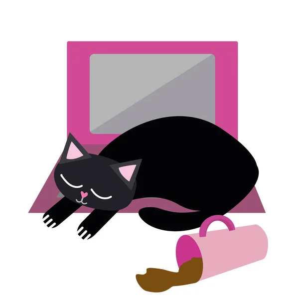 Leuke cartoon huisdier kat en laptop vector illustratie. Slaperig zwart kitty sluimert op het toetsenbord met gemorste koffie. Verstoorde business office werk flow scene. Leuk motief om vanuit huis te werken. — Stockvector