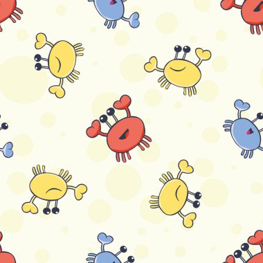 Mutlu yengeç vektörsüz şablon arka planı. Kabuklu karikatür kabuklu baloncuk sarı arka planda. Deniz yaban hayatı kawaii tarzı tasarım. Aile yaz tatili, plaj tatili konseptinin her yerinde.