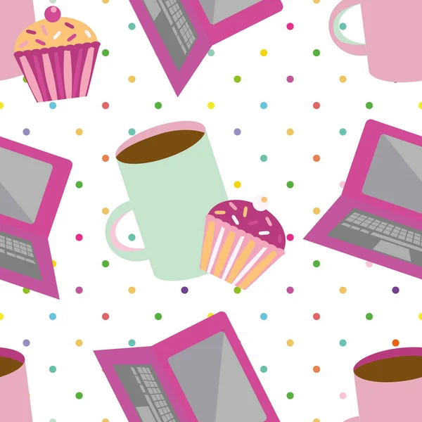 Vector grafische laptop naadloze patroon achtergrond. Meerkleurige stippen achtergrond met koffiemok en cupcake. Leuke illustratie van kantoorapparatuur. Overdruk voor thuis werken concept. — Stockvector