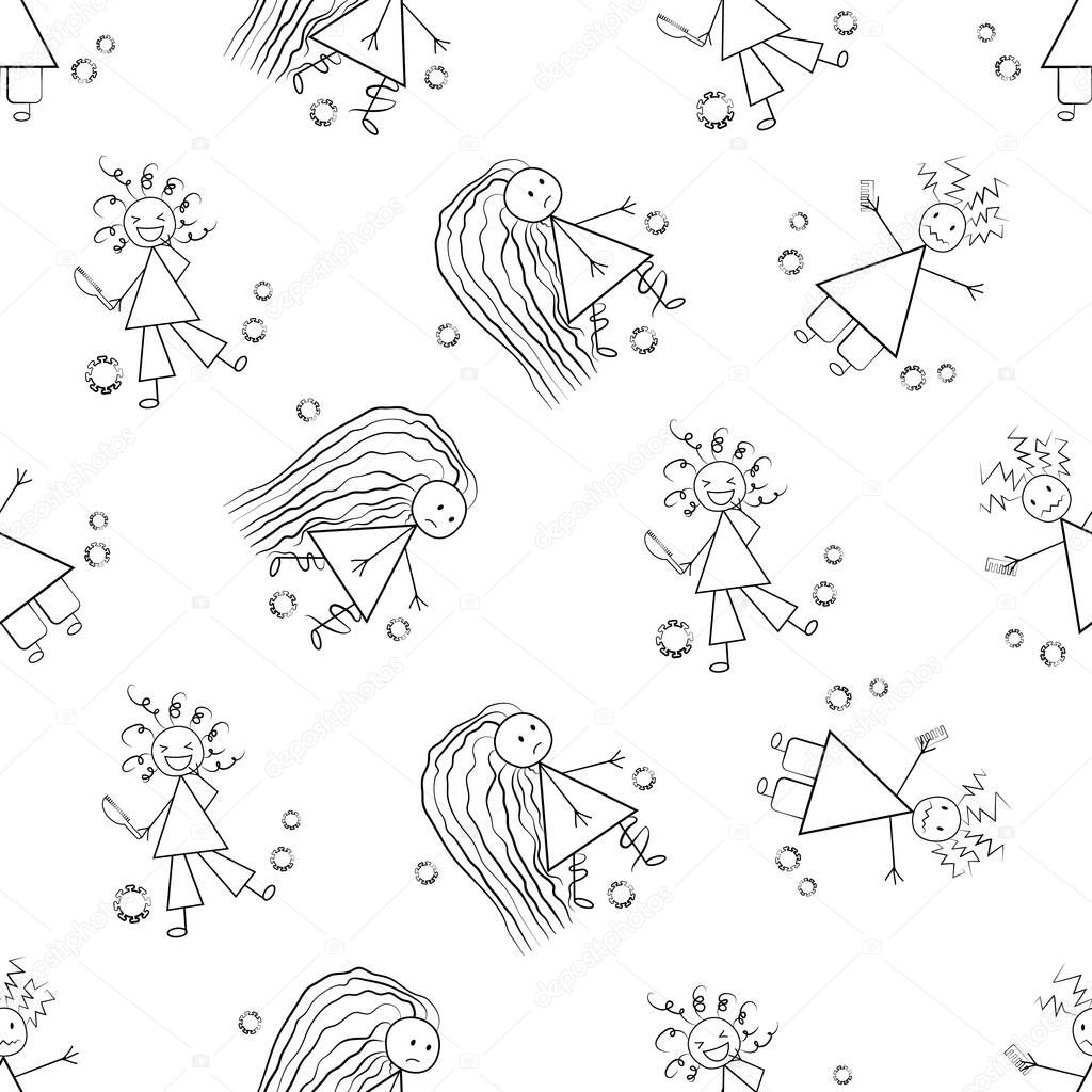Bad hair Covid 19 quarantine vector seamless pattern. Humorous backdrop of childlike scribble drawings of girls with messy styles and coronavirus motif. Black and white isolation self care concept.