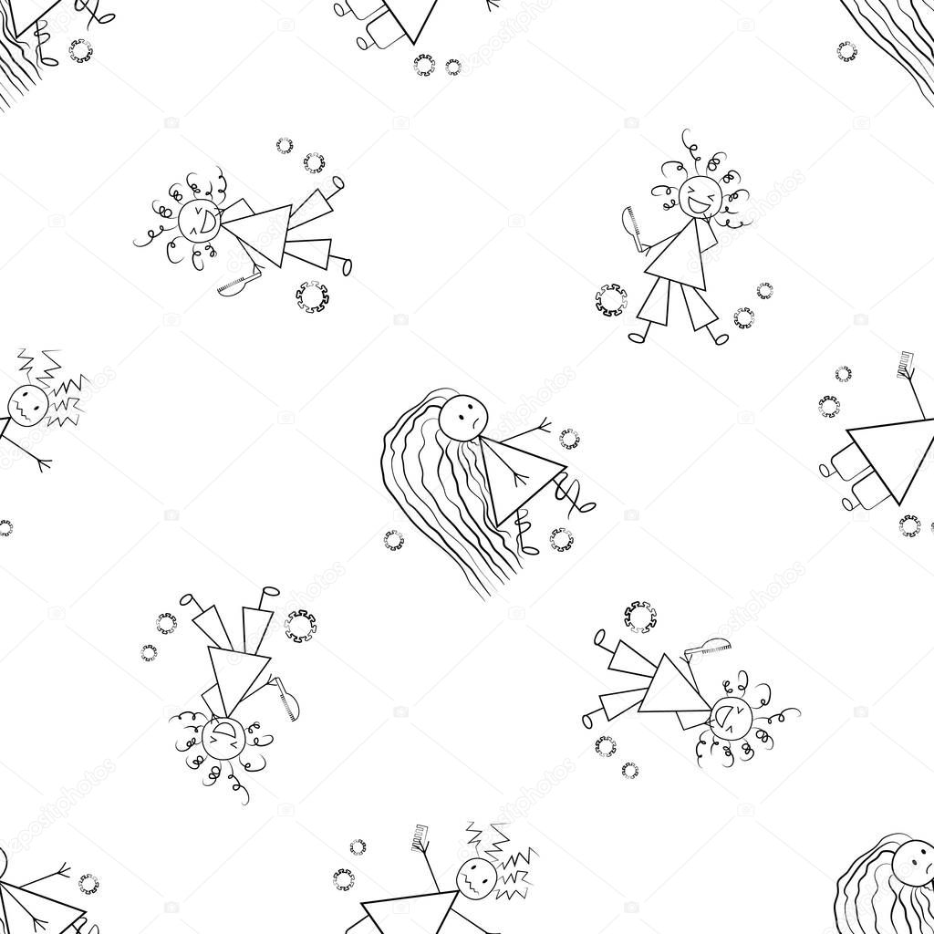 Bad hair Covid 19 quarantine vector seamless pattern. Humorous backdrop of childlike scribble drawings of girls with messy styles and coronavirus motif. Black and white isolation self care concept.