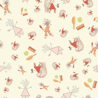 Dağınık saç vektörü, pürüzsüz bir arka plan. Komik bilgi Covid 19 karantina arkaplanı çizimi. Çubuk kadın, makas fırçası. İzolasyon kişisel bakım kavramı için her tarafı tek renkli..