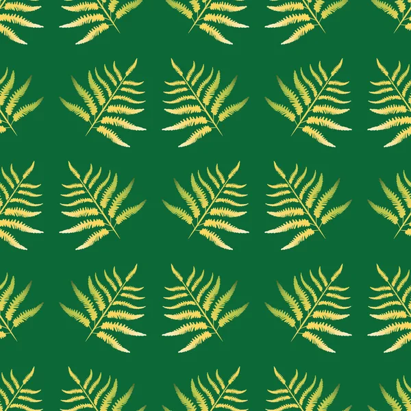 Fern vector seamless pattern background. Forest plant frond monochrome green gold backdrop. Geometric botanical foliage illustration Stylized all over print for nature health concept packaging — Stock Vector