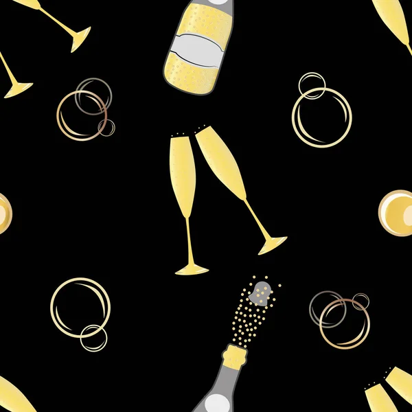 Champagne burbujas vector de fondo sin costuras patrón. Botellas dibujadas a mano, vasos, bebida gaseosa fondo de oro negro. Elegante vino espumoso repetición ilustración. Todo impreso para la celebración de la fiesta — Vector de stock