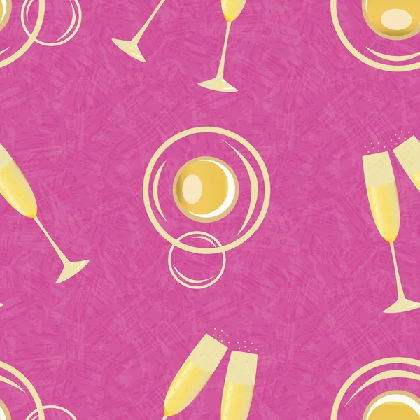 Champagner Blasen Vektor nahtlose Muster Hintergrund. Handgezeichnete Gläser, sprudelndes Getränk, goldrosa strukturierter Hintergrund. Stilvoller Sekt für die Party — Stockvektor