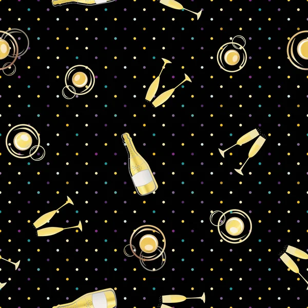 Champagner Blasen Vektor nahtlose Muster Hintergrund. Handgezogene Flaschen, Gläser, sprudelndes schwarzes Gold mit Konfetti-Hintergrund. Eleganter Sekt. Überall Print für Party-Feiern — Stockvektor